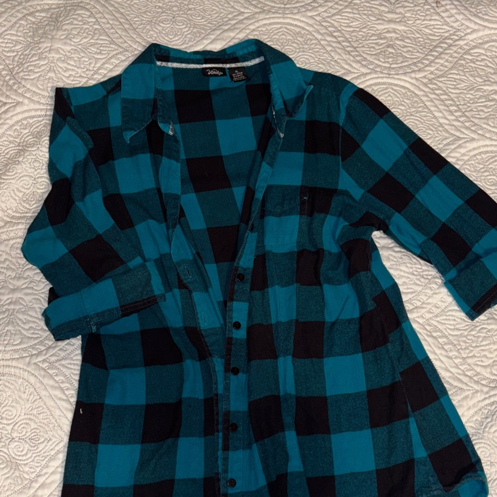 Teal and Black Plaid Button-Up Shirt